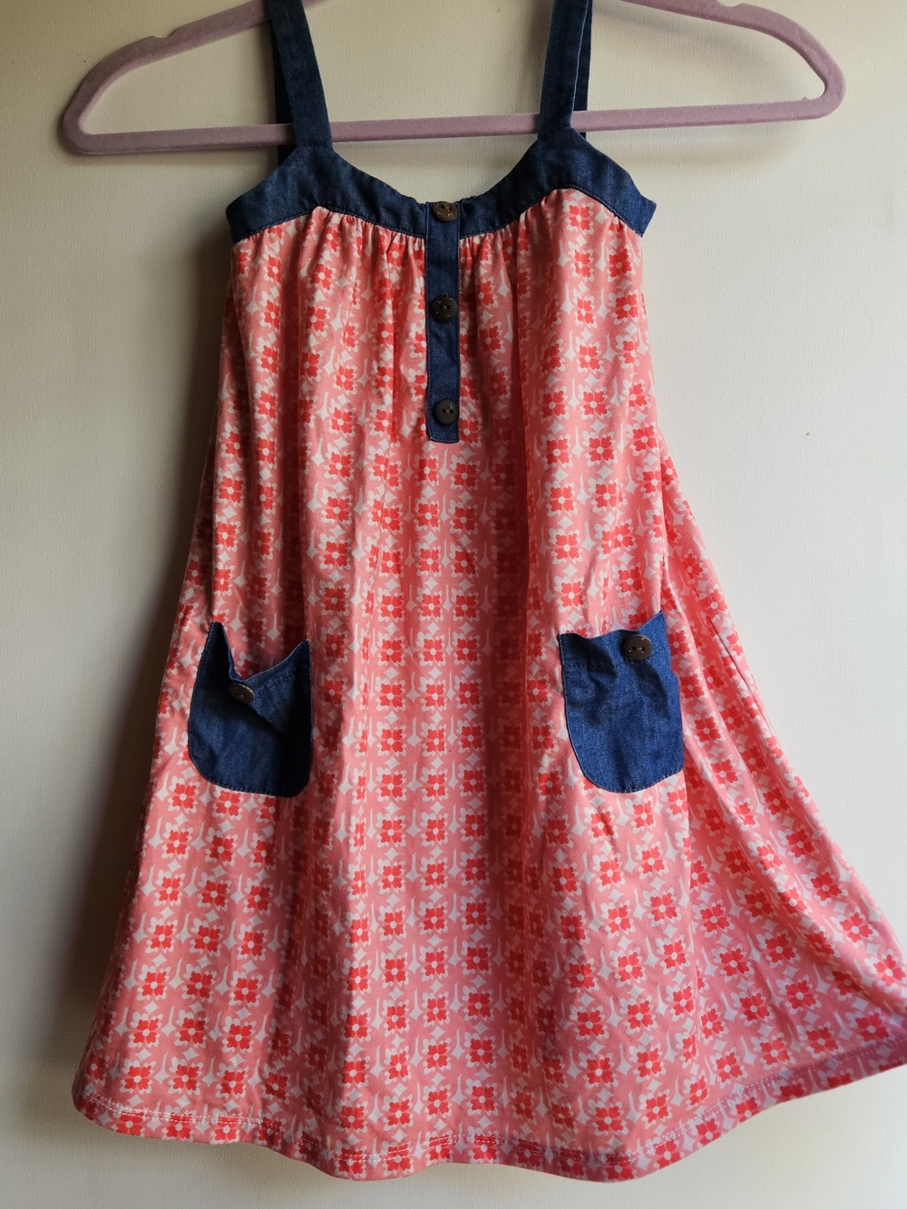 Bonnie Jean Girls Size 6 Coral Floral Denim Trim Sundress Pockets